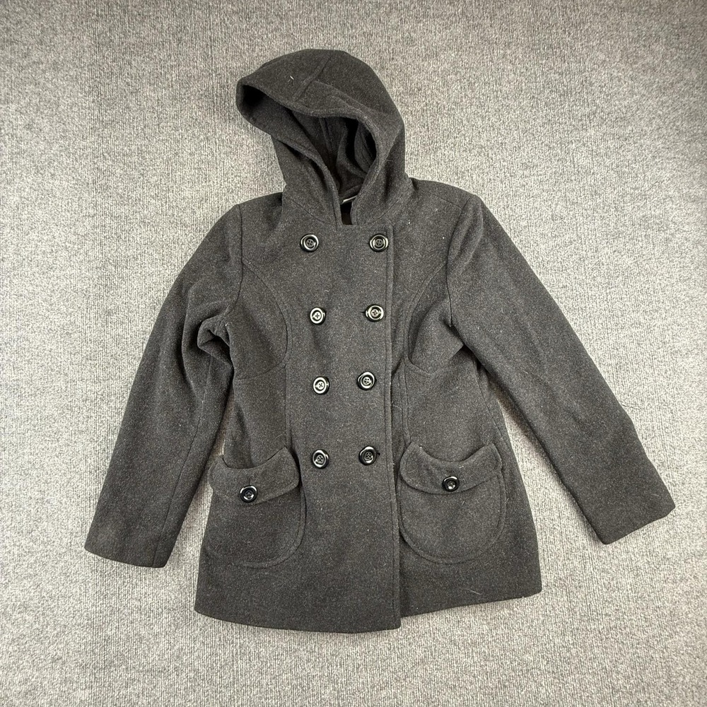 JLO By Jennifer Lopez Pea Coat Womens L Gray Wool Hooded Belted Mid Length Warm